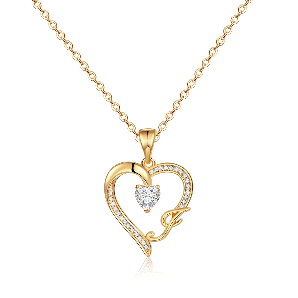 14K Gold Plated Initial Heart Necklace – CZ Letter Pendant for Women