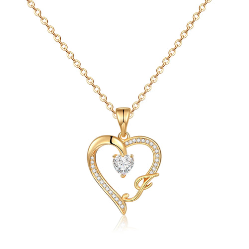 14K Gold Plated Initial Heart Necklace – CZ Letter Pendant for Women