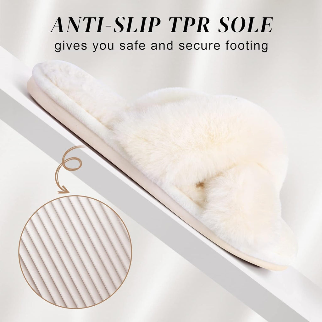 Women’s Plush Cross Band Slippers – Soft Memory Foam House Shoes with Non-Slip Rubber Sole