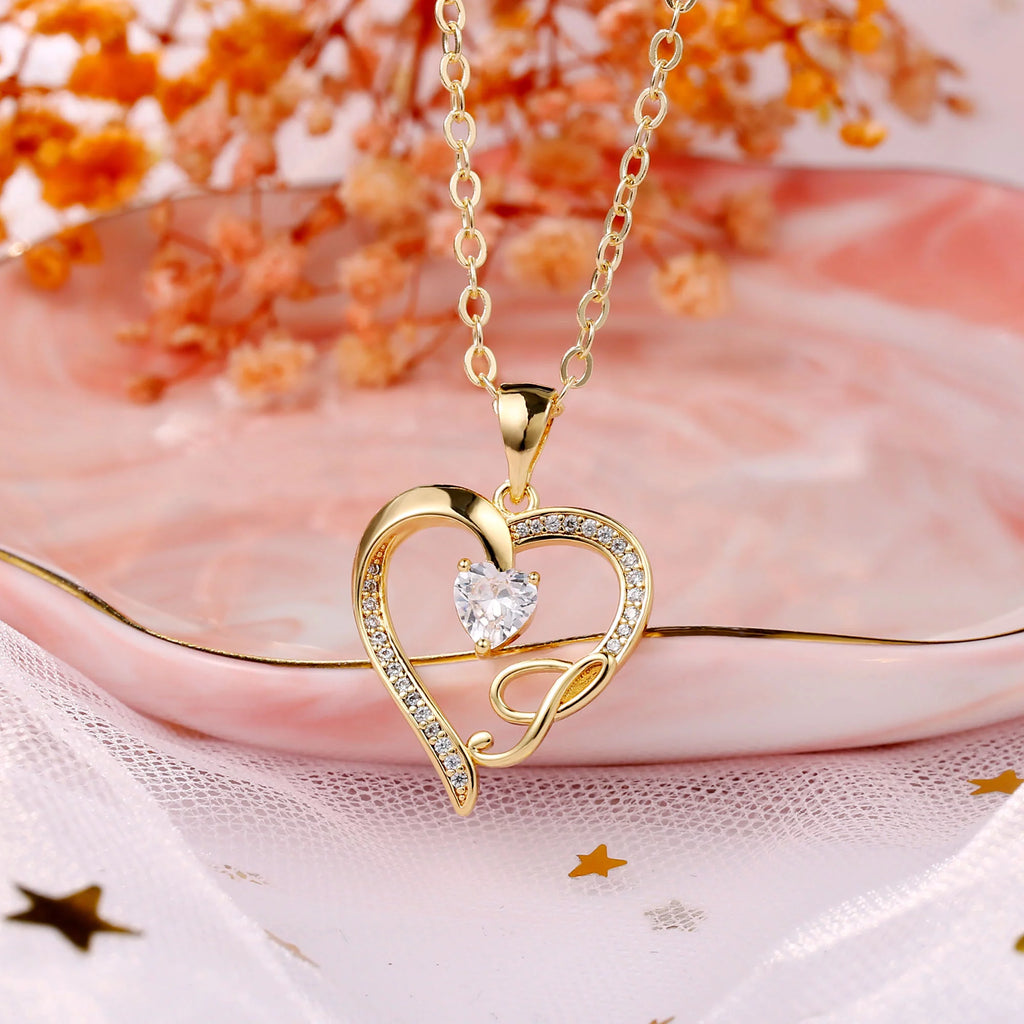 14K Gold Plated Initial Heart Necklace – CZ Letter Pendant for Women