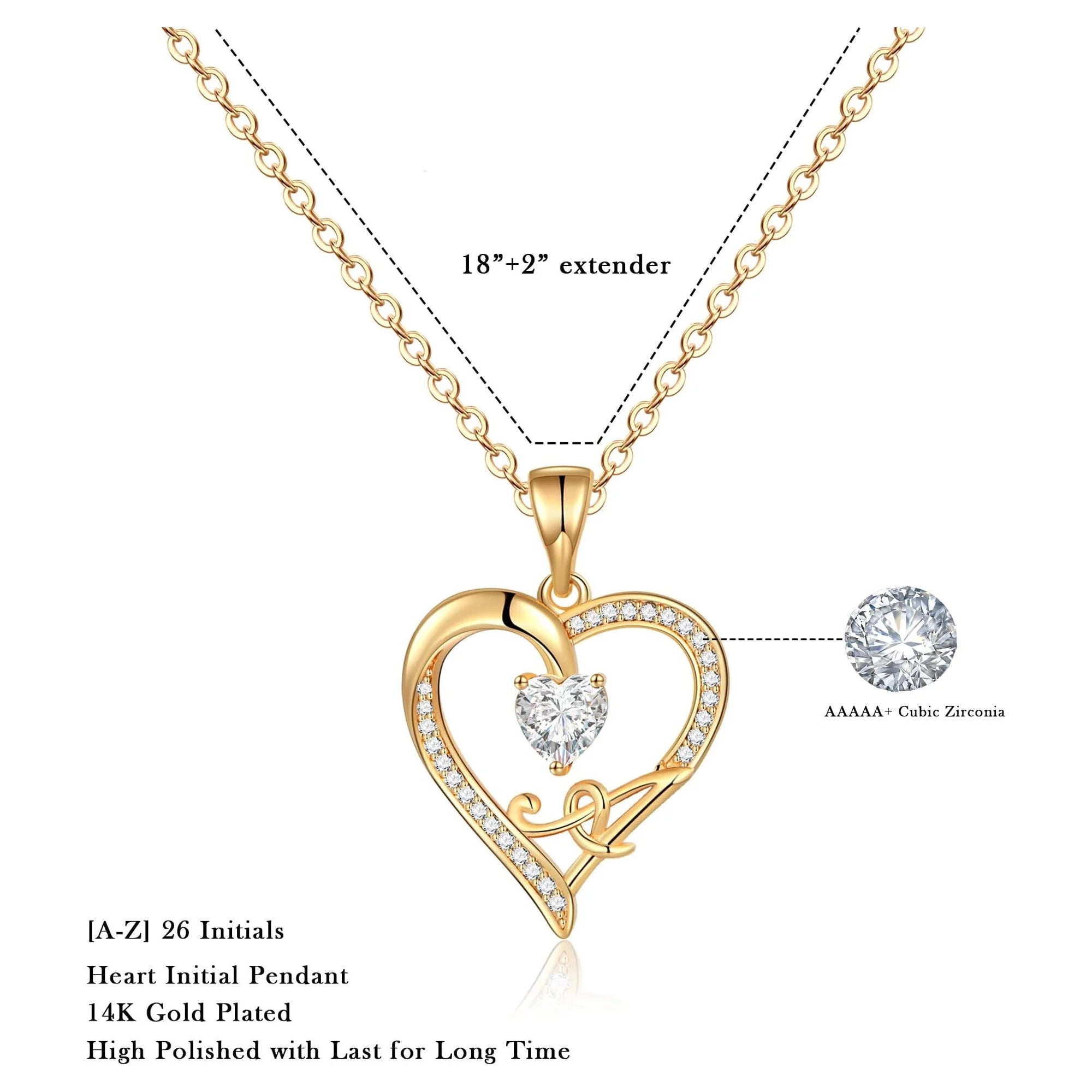 14K Gold Plated Initial Heart Necklace – CZ Letter Pendant for Women